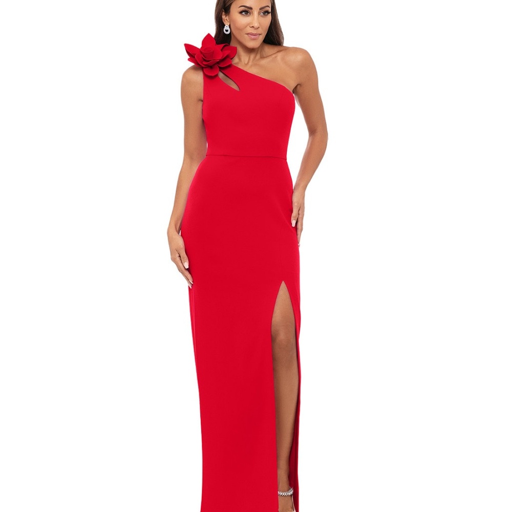 Xscape Red One-Shoulder Gown with Floral Detail
